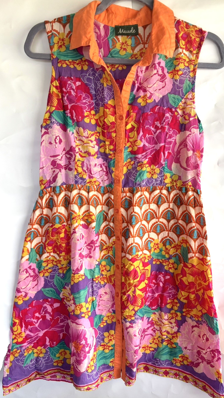 Maude Floral Button Shirt Dress Cotton Pink Orange Size L